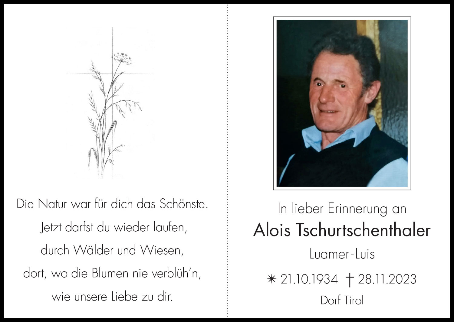 Sterbebild: Alois Tschurtschenthaler