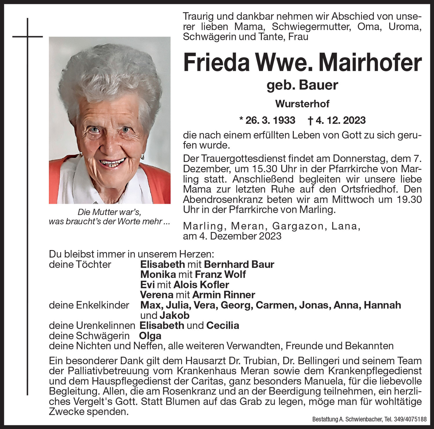 Medien: Frieda Wwe. Mairhofer geb. Bauer