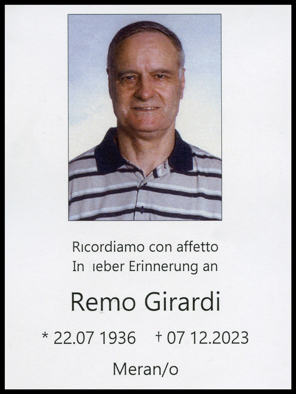 Sterbebild: Remo Girardi