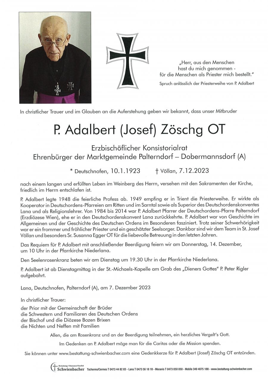 Parte: P. Adalbert (Josef) Zöschg OT