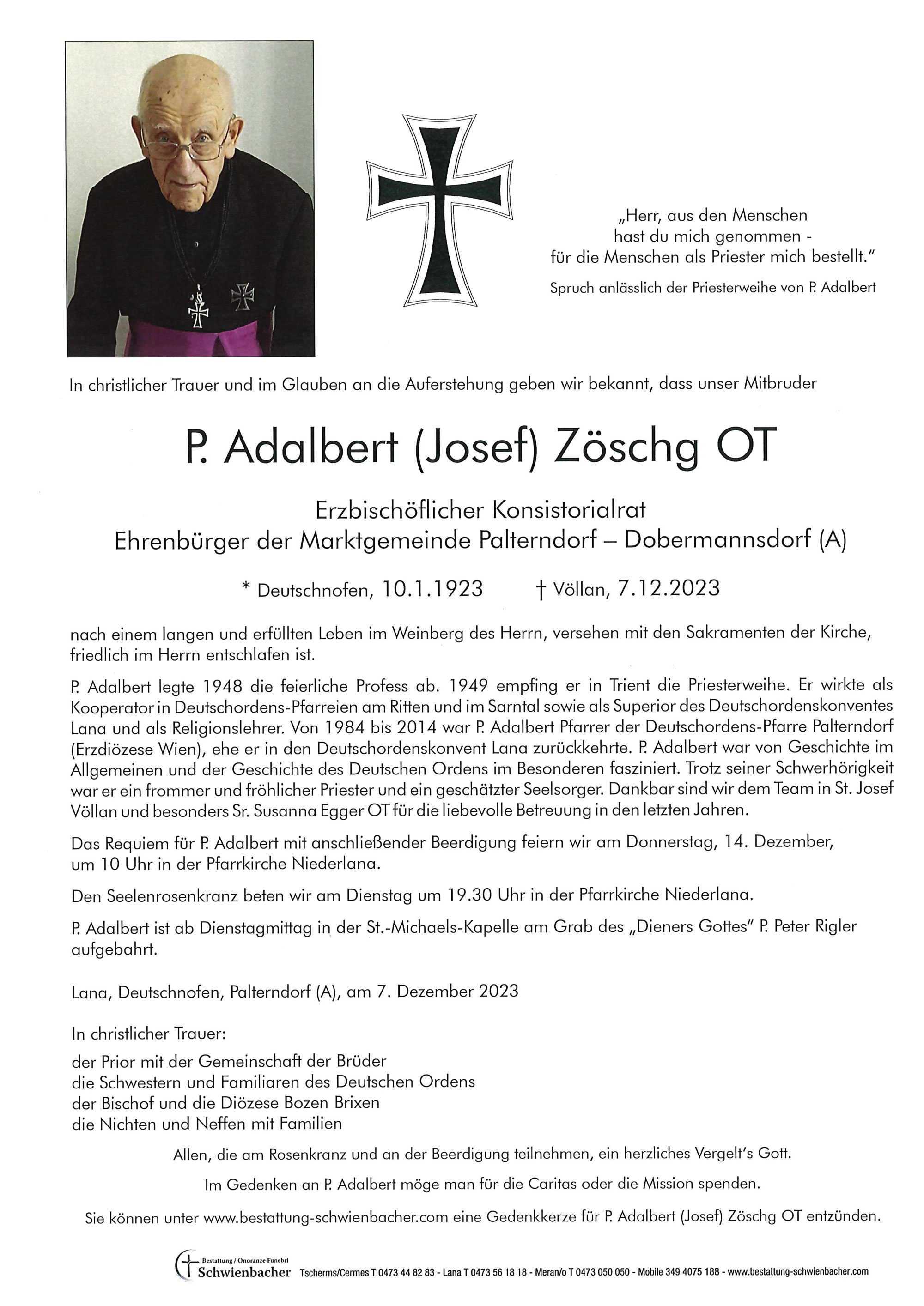 Parte: P. Adalbert (Josef) Zöschg OT 