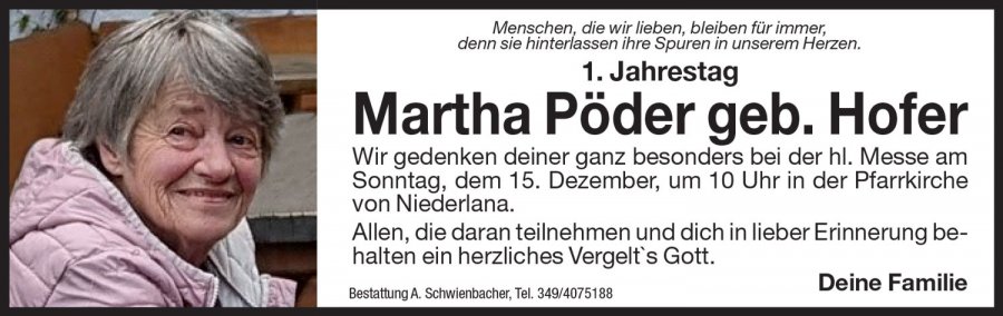 Jahrtag: Martha Pöder geb. Hofer
