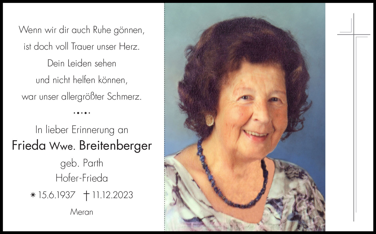 Sterbebild: Frieda Wwe. Breitenberger geb. Parth