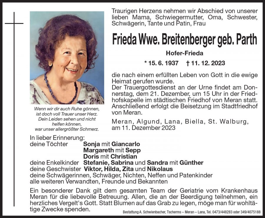 Medien: Frieda Wwe. Breitenberger geb. Parth