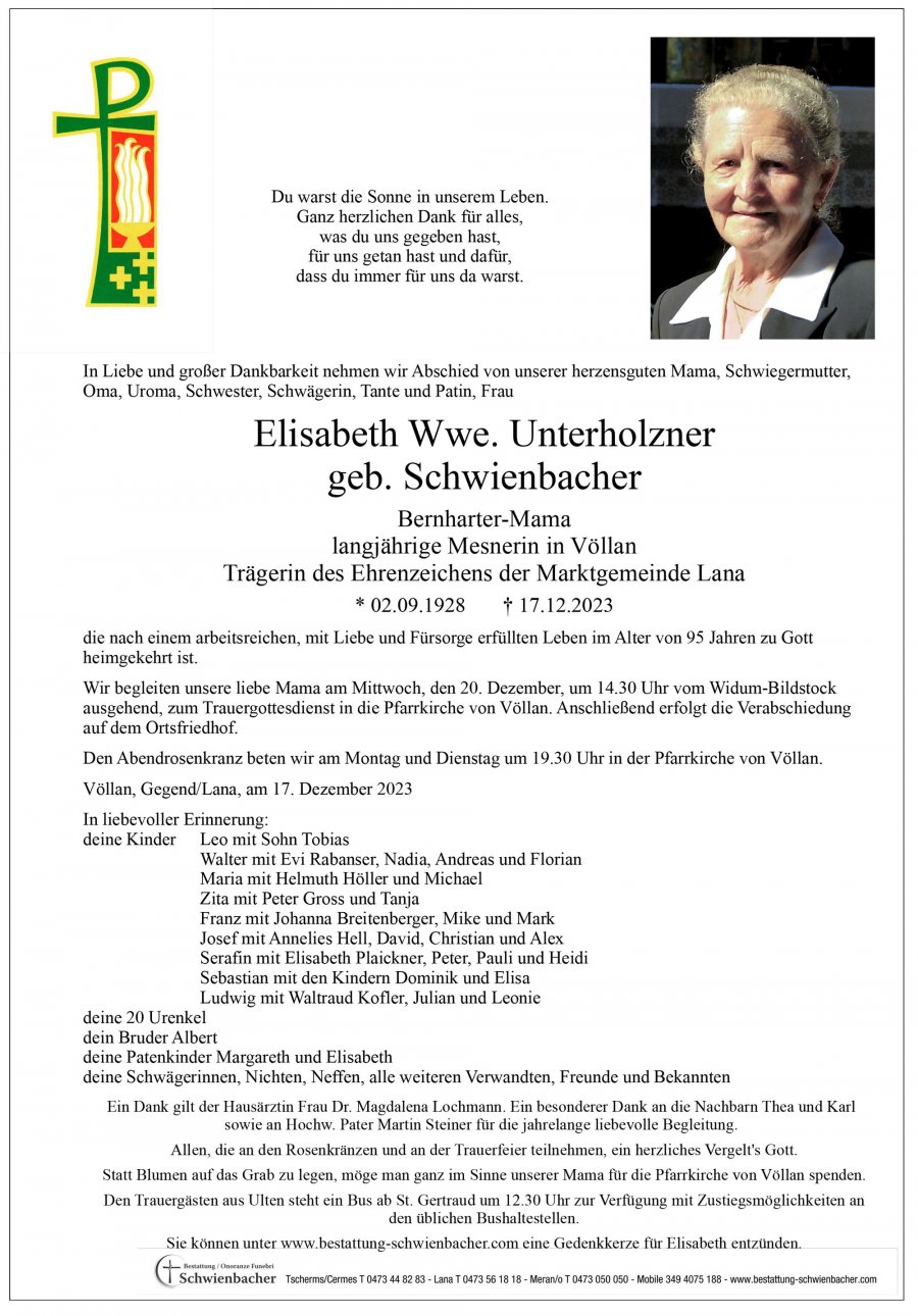 Parte: Elisabeth Wwe. Unterholzner geb. Schwienbacher