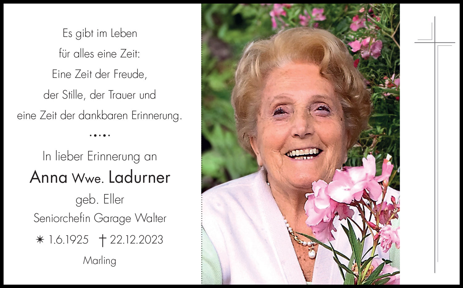 Sterbebild: Anna Wwe. Ladurner geb. Eller