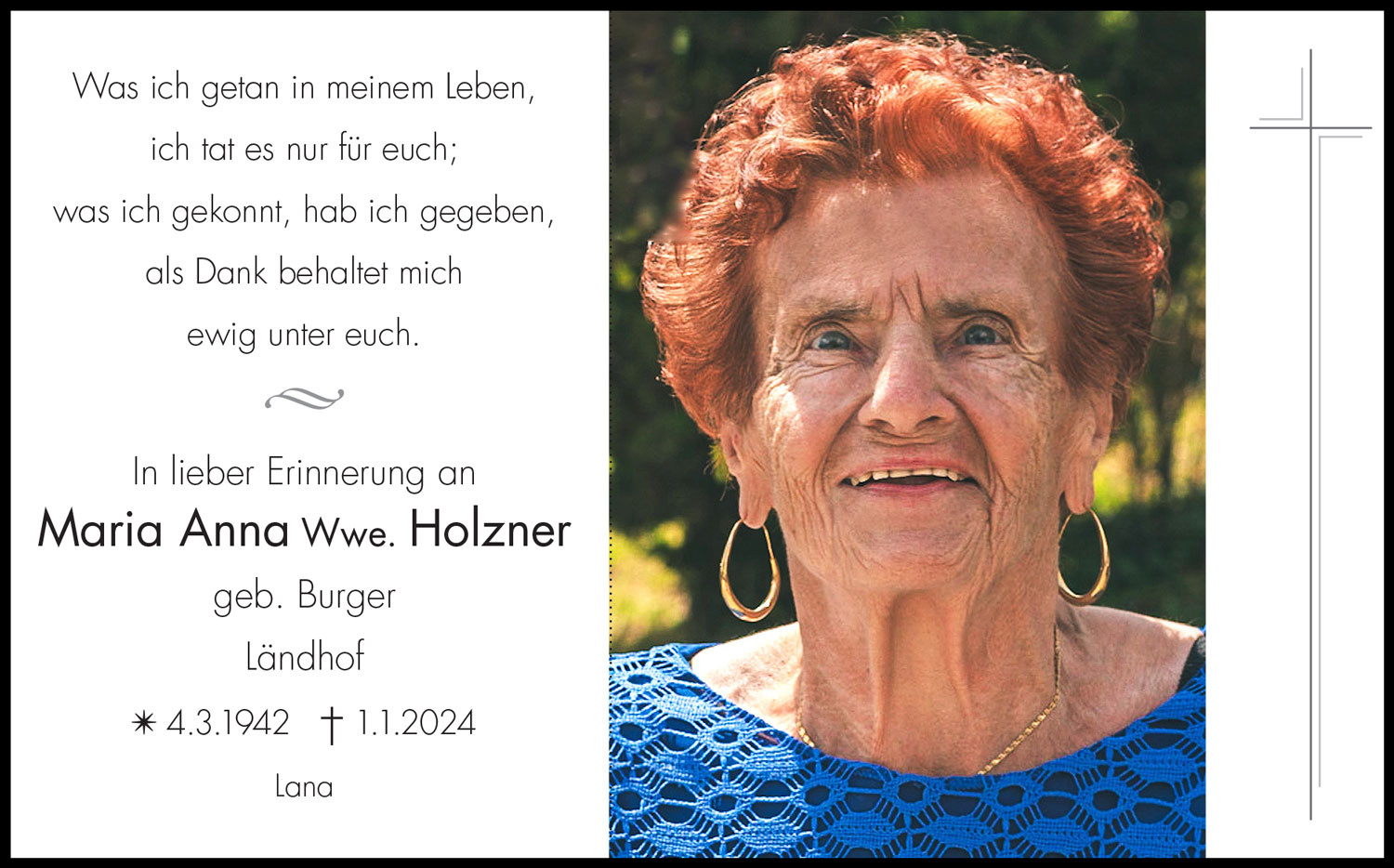 Sterbebild: Maria Anna Wwe. Holzner geb. Burger