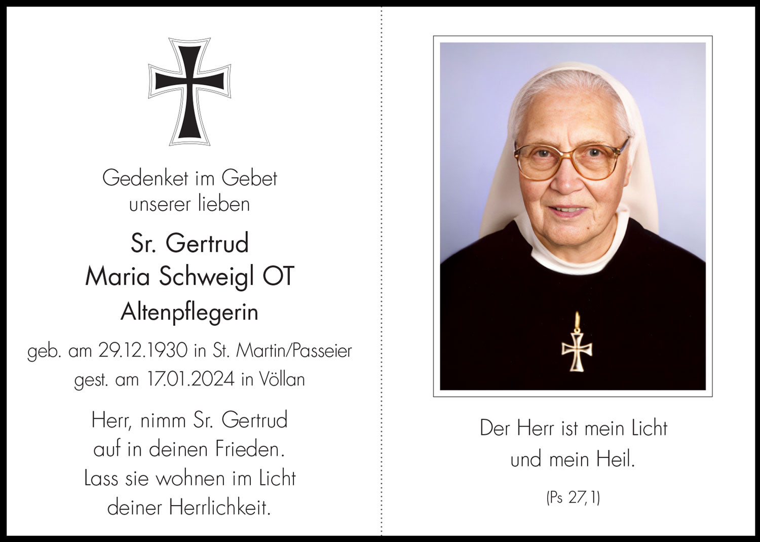 Sterbebild: Sr. Gertrud, Maria Schweigl OT
