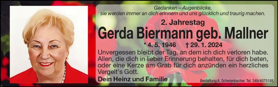 Jahrtag: Gerda Biermann geb. Mallner