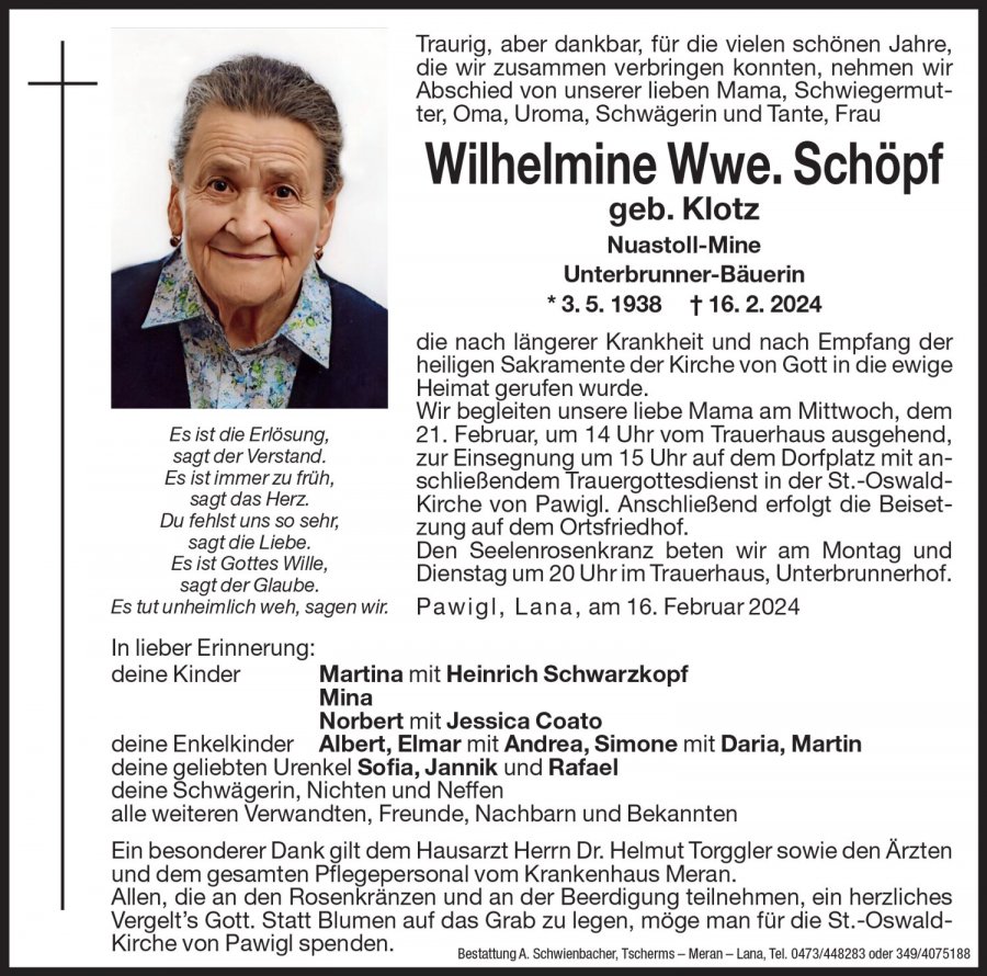 Medien: Wilhelmine Wwe. Schöpf geb. Klotz