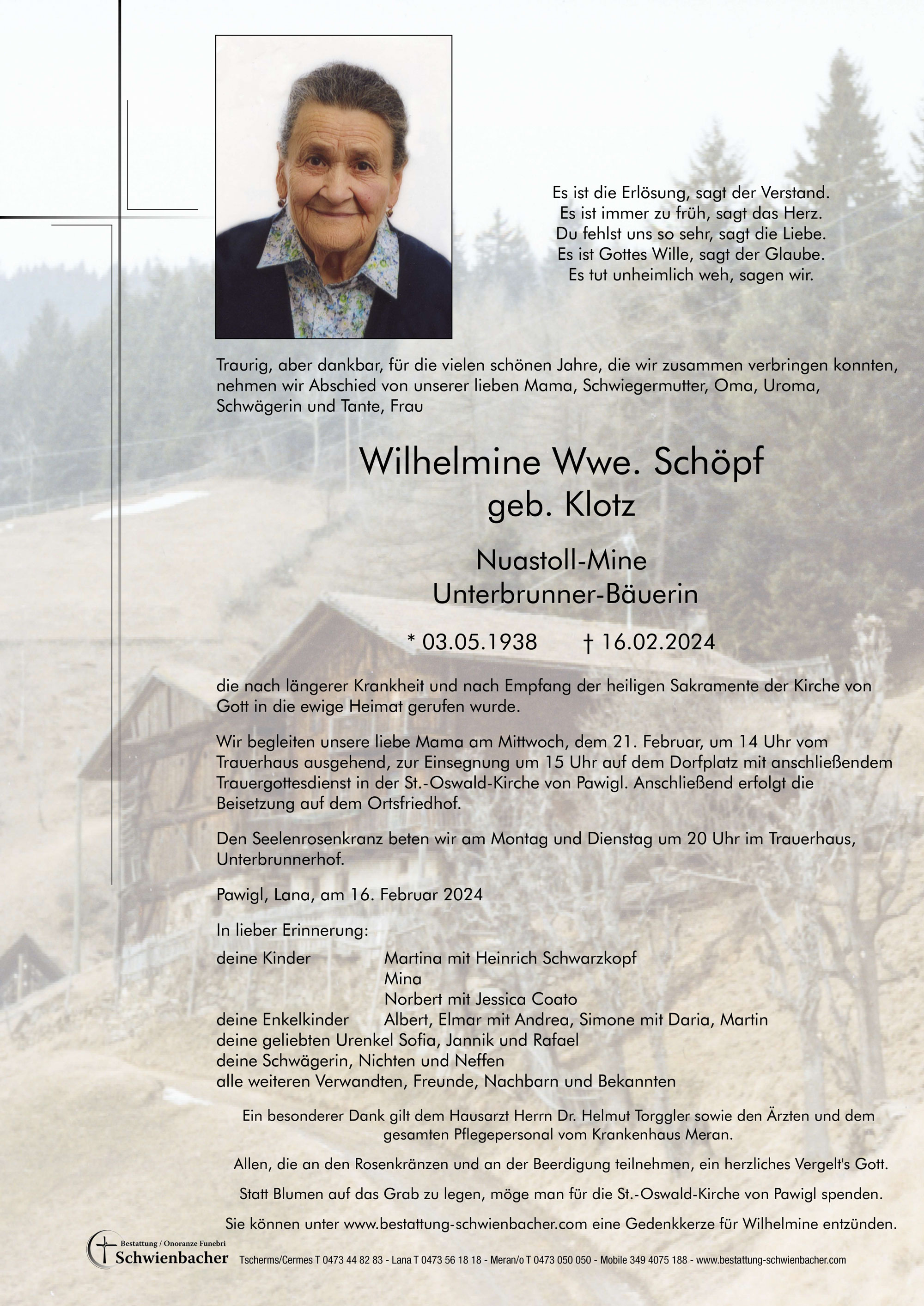 Parte: Wilhelmine Wwe. Schöpf geb. Klotz 