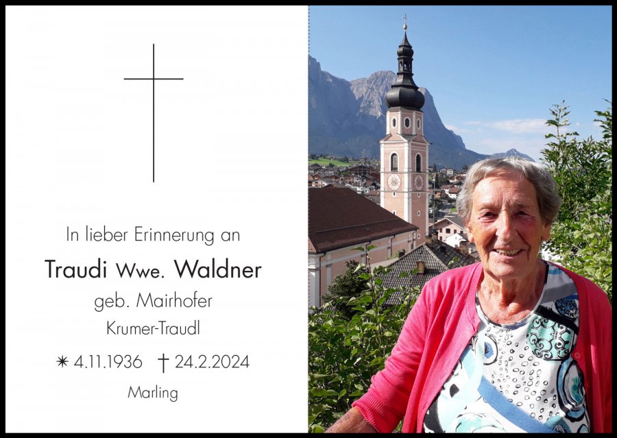 Sterbebild: Traudi Wwe. Waldner geb. Mairhofer