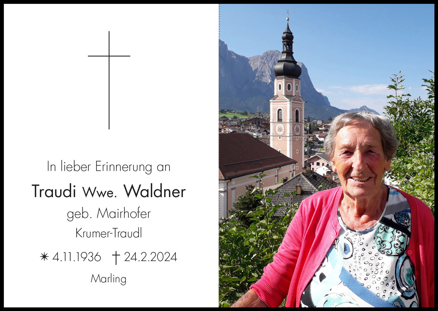 Sterbebild: Traudi Wwe. Waldner geb. Mairhofer