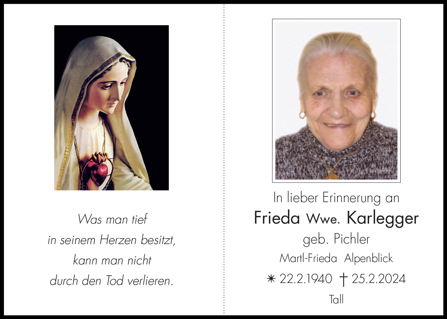 Sterbebild: Frieda Wwe. Karlegger geb. Pichler