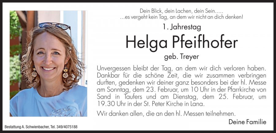 Jahrtag: Helga Pfeifhofer geb. Treyer
