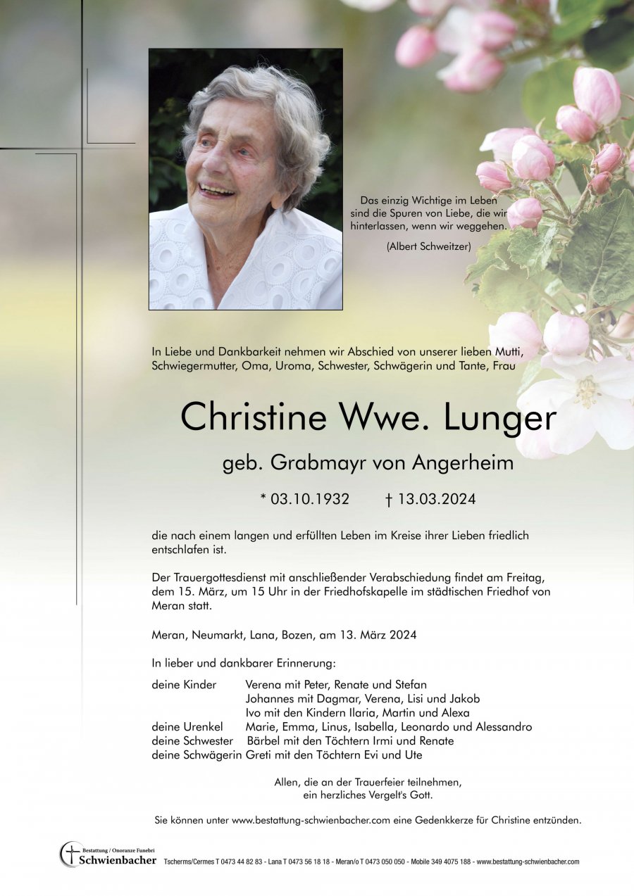 Parte: Christine Wwe. Lunger geb. Grabmayr von Angerheim