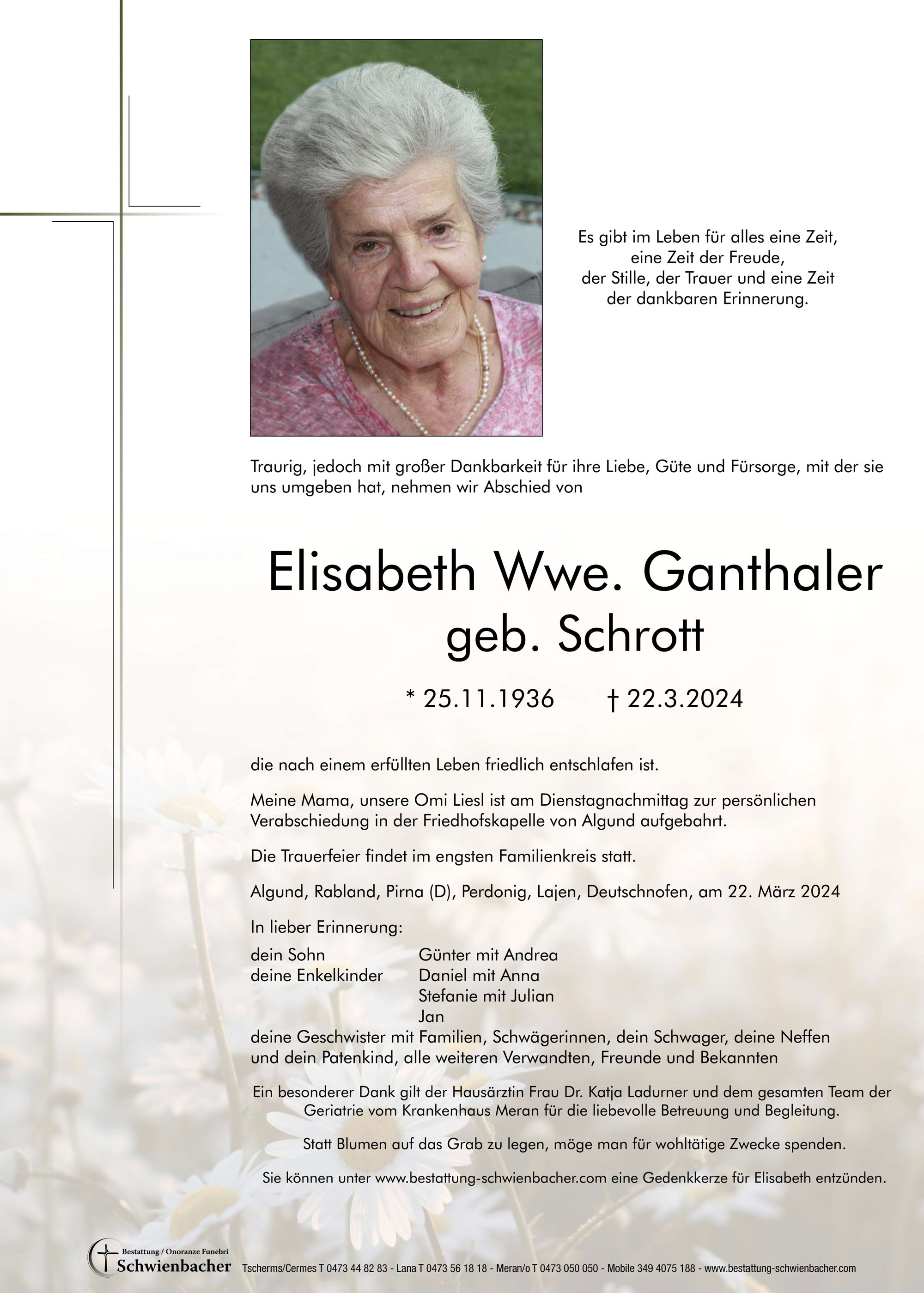 Parte: Elisabeth Wwe. Ganthaler geb. Schrott 