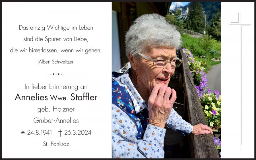 Sterbebild: Annelies Wwe. Staffler geb. Holzner
