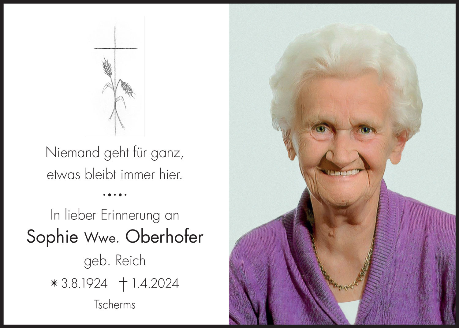 Sterbebild: Sophie Wwe. Oberhofer geb. Reich