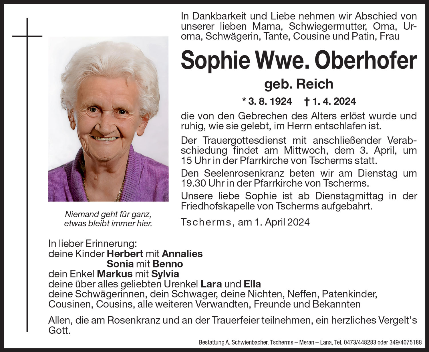 Medien: Sophie Wwe. Oberhofer geb. Reich
