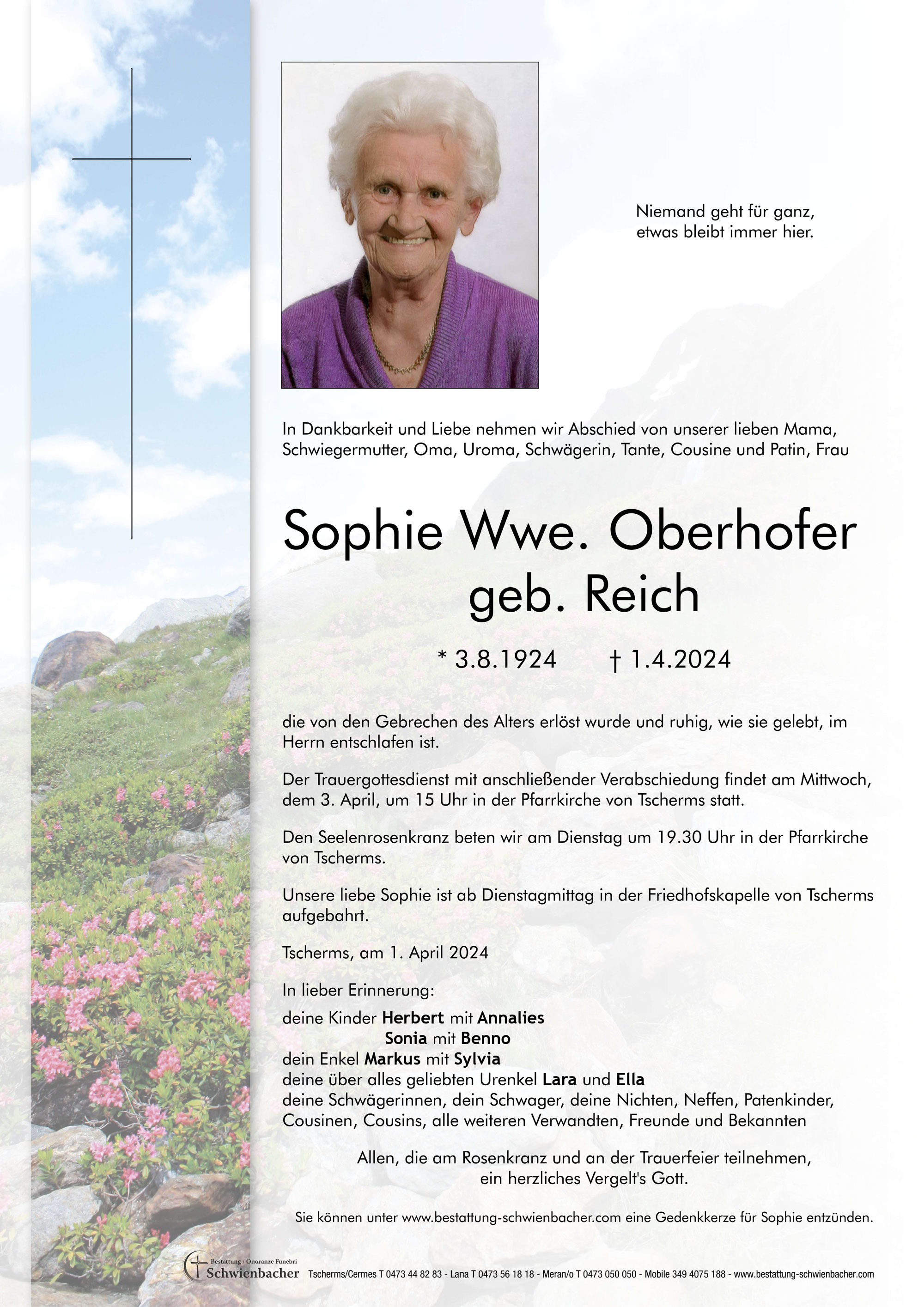 Parte: Sophie Wwe. Oberhofer geb. Reich 