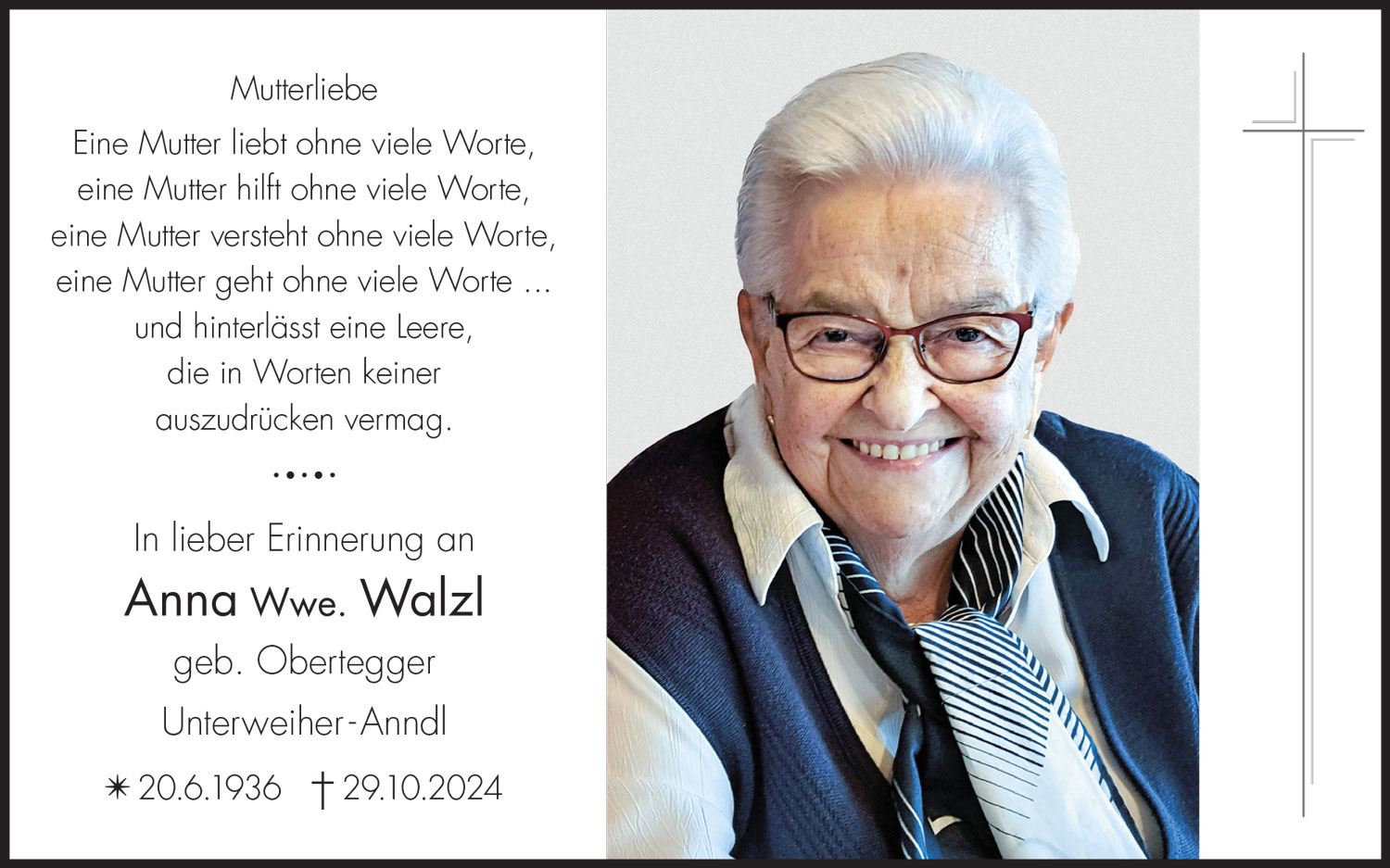 Sterbebild: Anna Wwe. Walzl geb. Obertegger