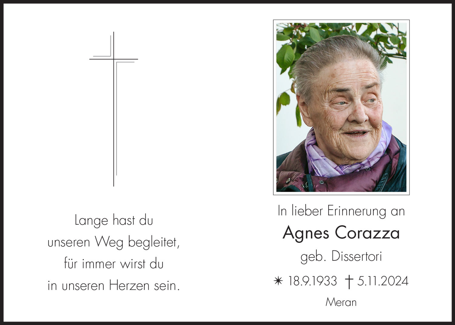 Sterbebild: Agnes Corazza geb. Dissertori