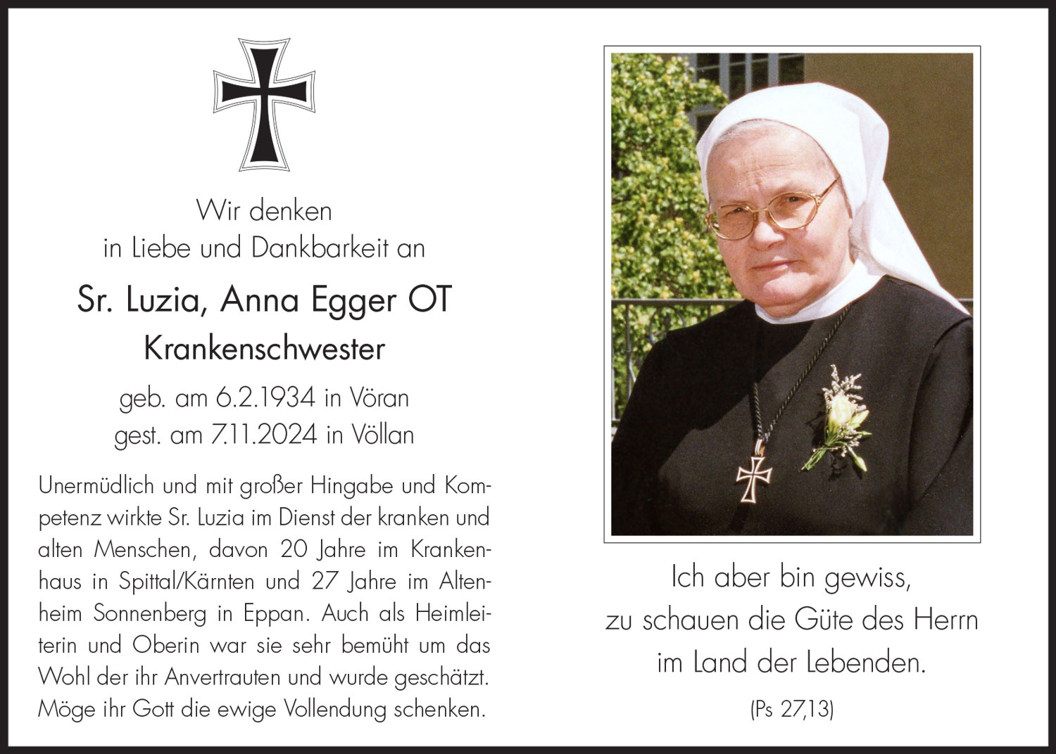 Sterbebild: Sr. Luzia, Anna Egger OT