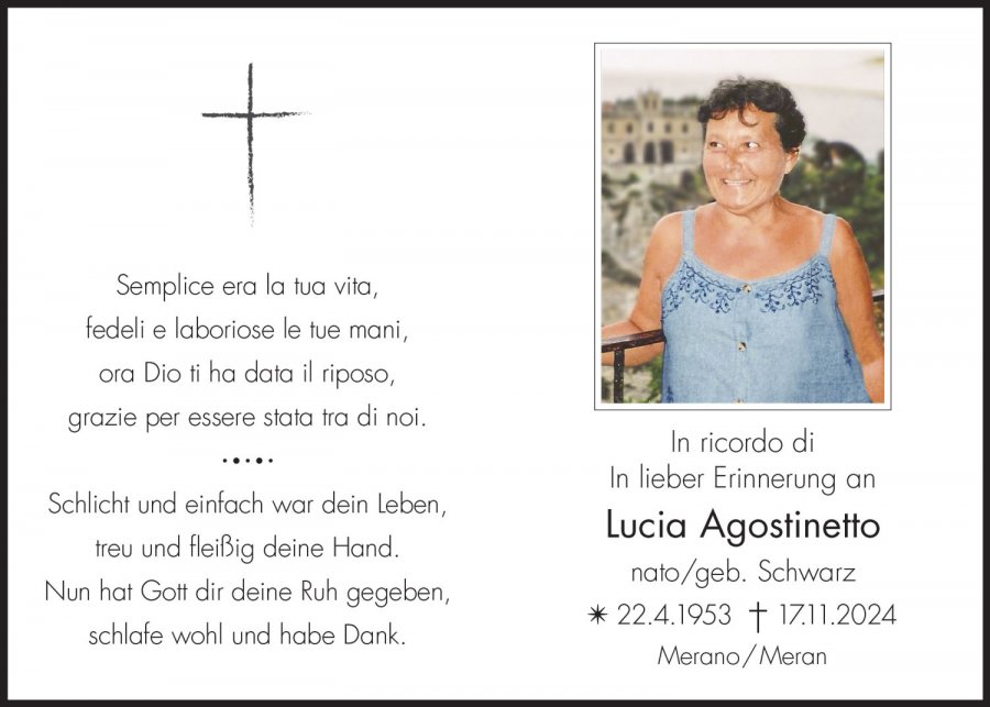 Sterbebild: Lucia Agostinetto geb. Schwarz