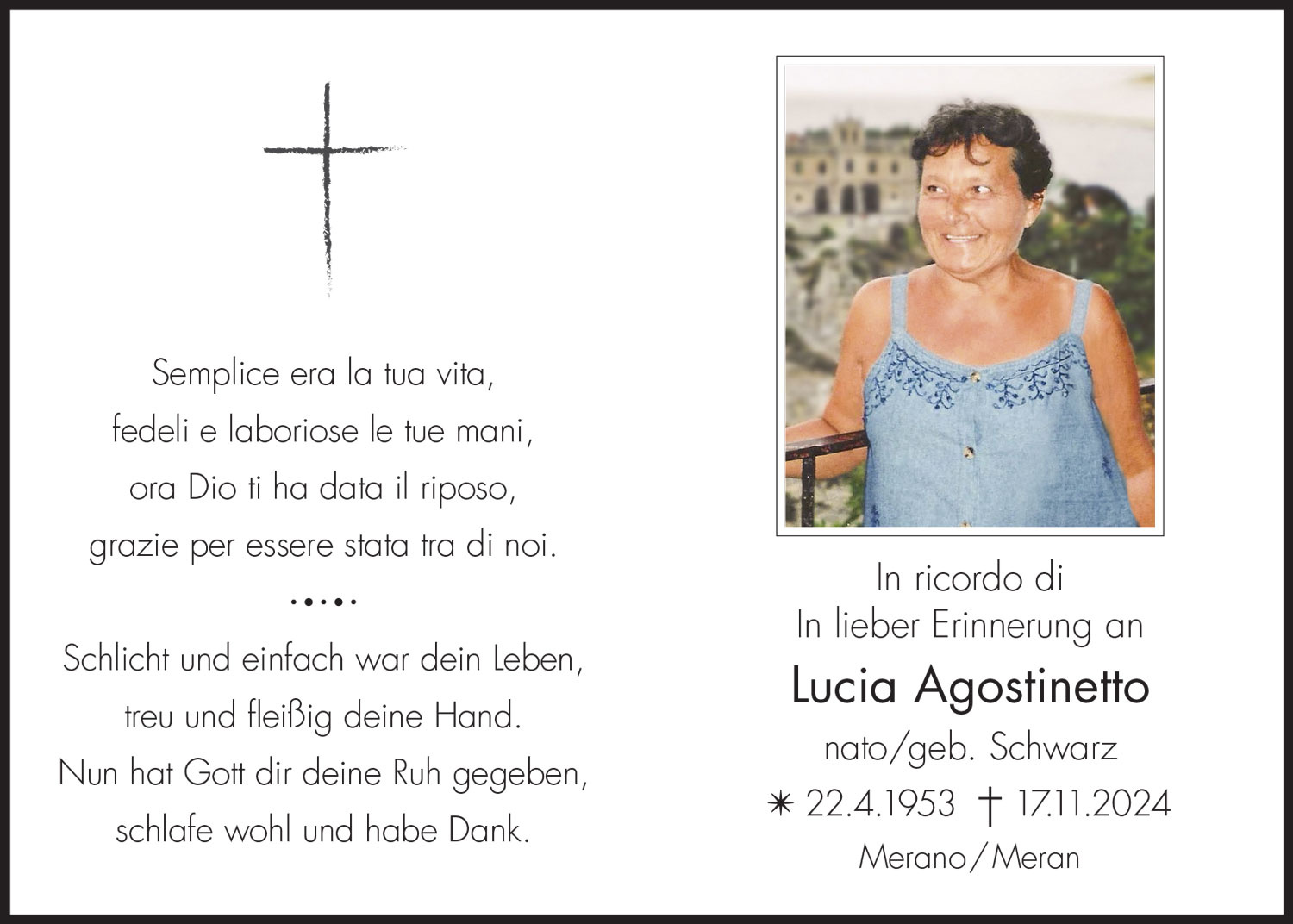 Sterbebild: Lucia Agostinetto geb. Schwarz