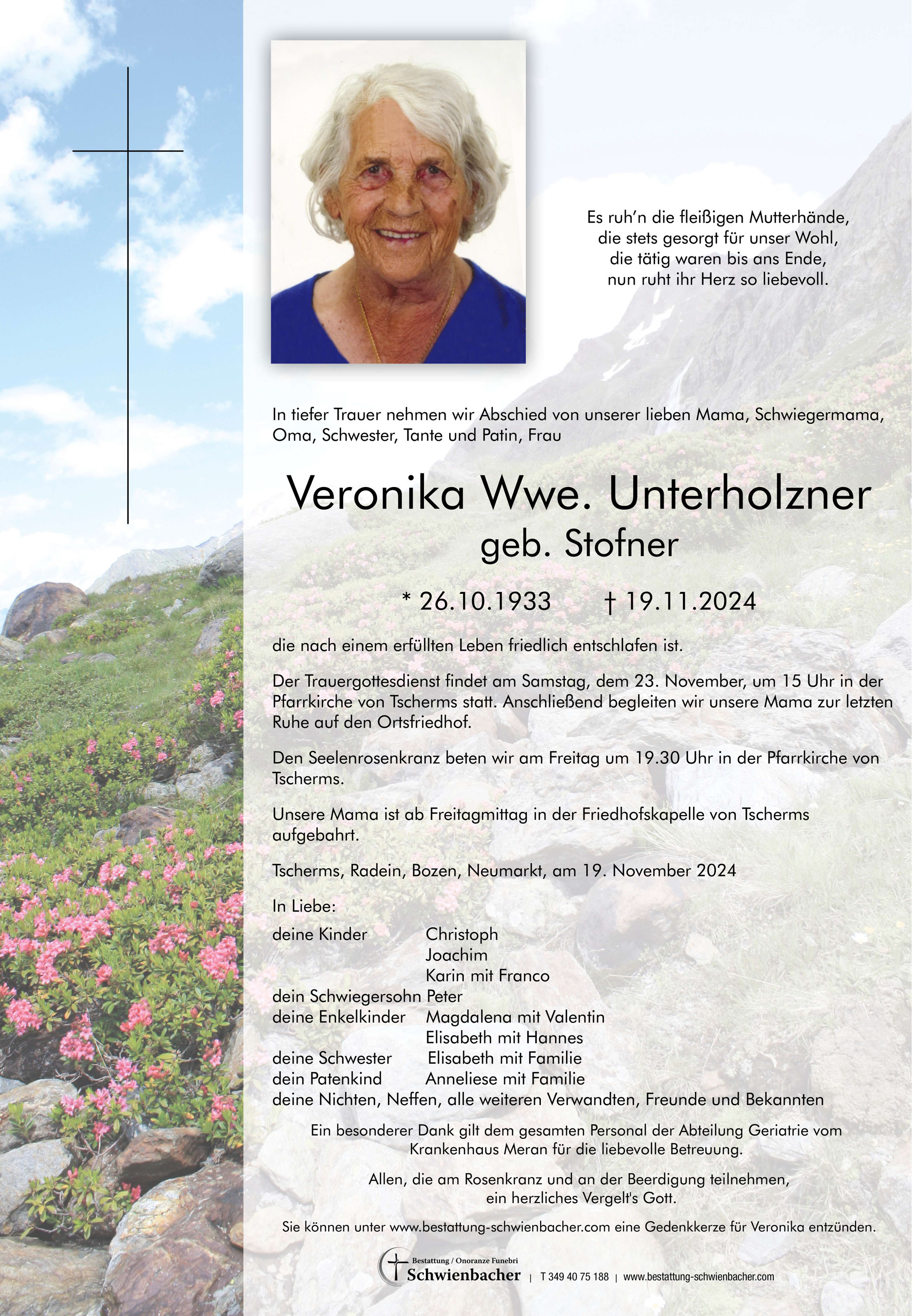 Parte: Veronika Wwe. Unterholzner geb. Stofner 