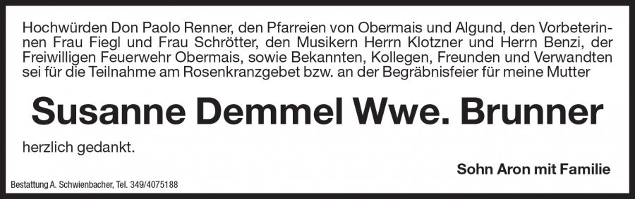 Danksagung: Susanne Christina Wwe. Brunner geb. Demmel