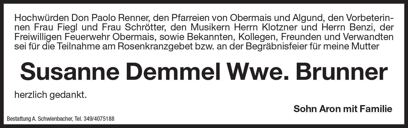 Danksagung: Susanne Christina Wwe. Brunner geb. Demmel