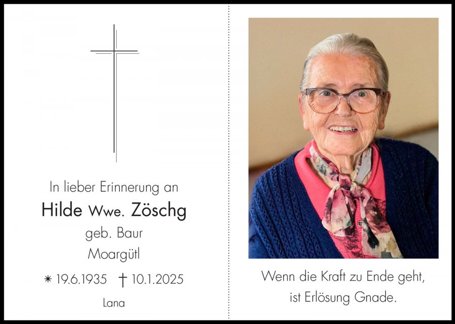 Sterbebild: Hilde Wwe. Zöschg geb. Baur