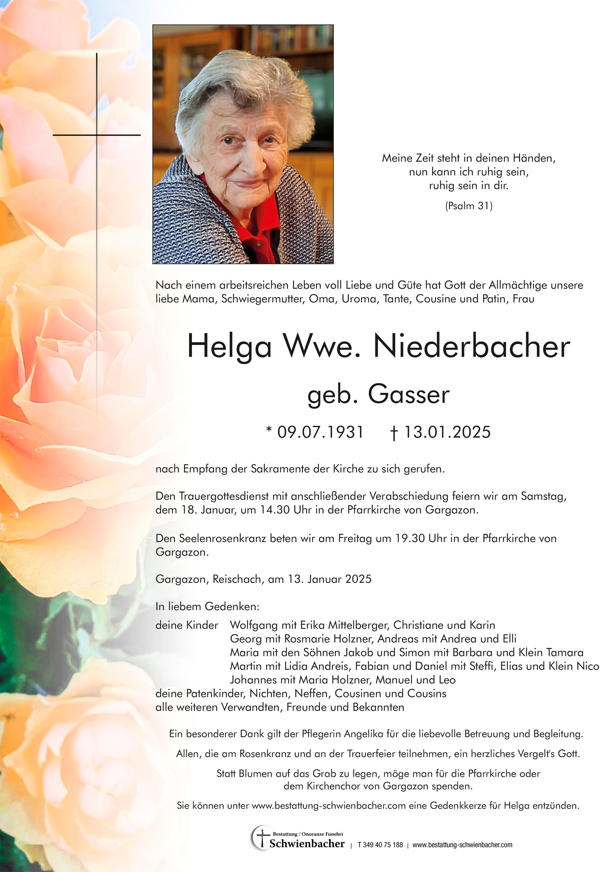 Parte: Helga Wwe. Niederbacher geb. Gasser 