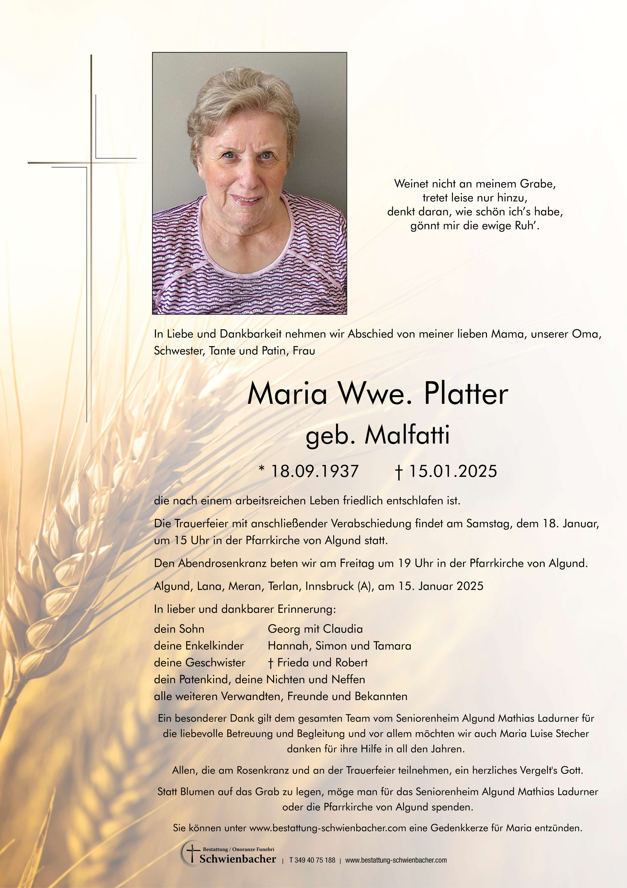 Parte: Maria Anna Wwe. Platter geb. Malfatti 