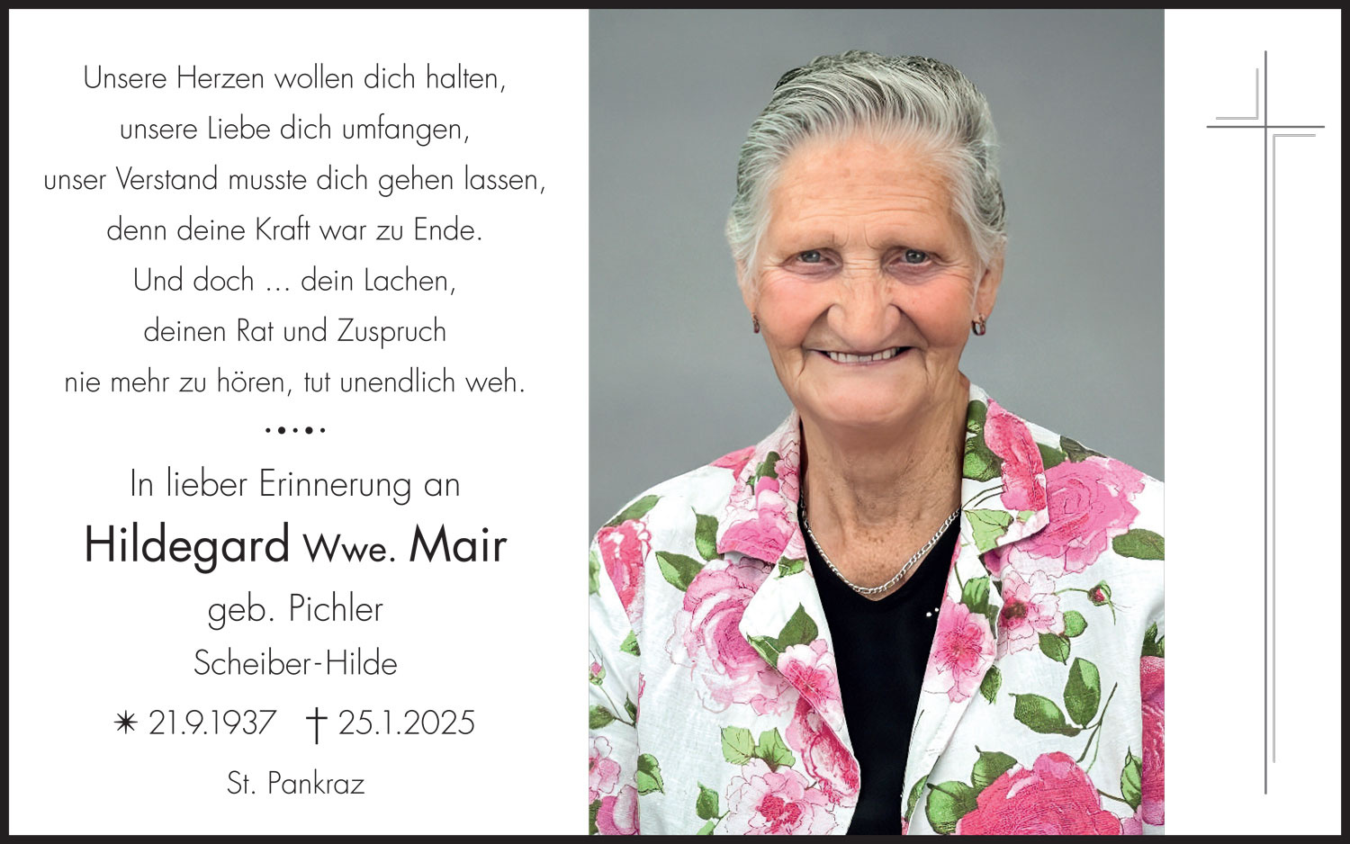 Sterbebild: Hildegard Wwe. Mair geb. Pichler