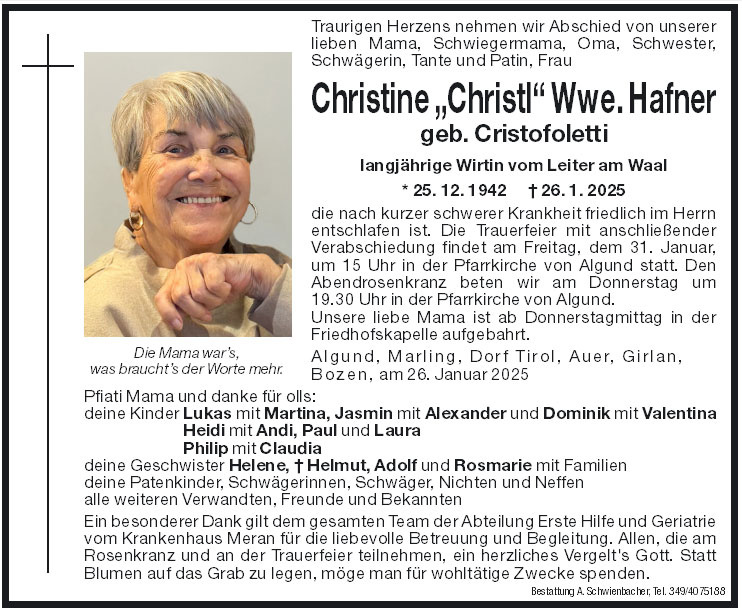 Medien: Christine Wwe. Hafner geb. Cristofoletti