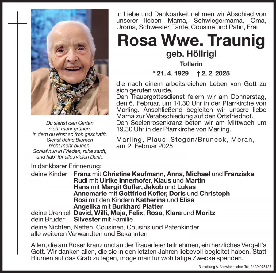 Medien: Rosa Wwe. Traunig geb. Höllrigl