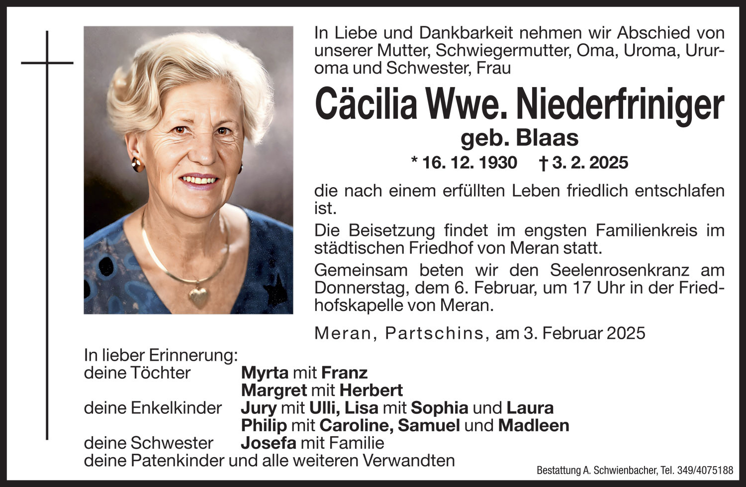Medien: Cäcilia Wwe. Niederfriniger geb. Blaas