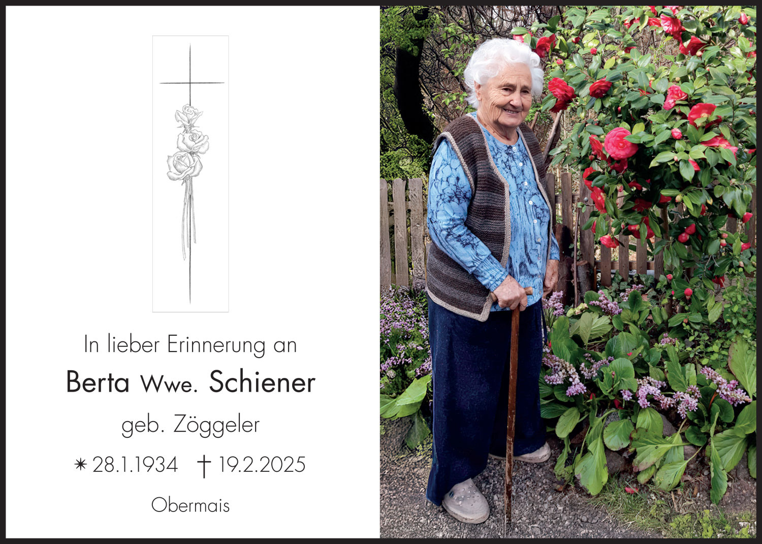 Sterbebild: Berta Wwe. Schiener geb. Zöggeler