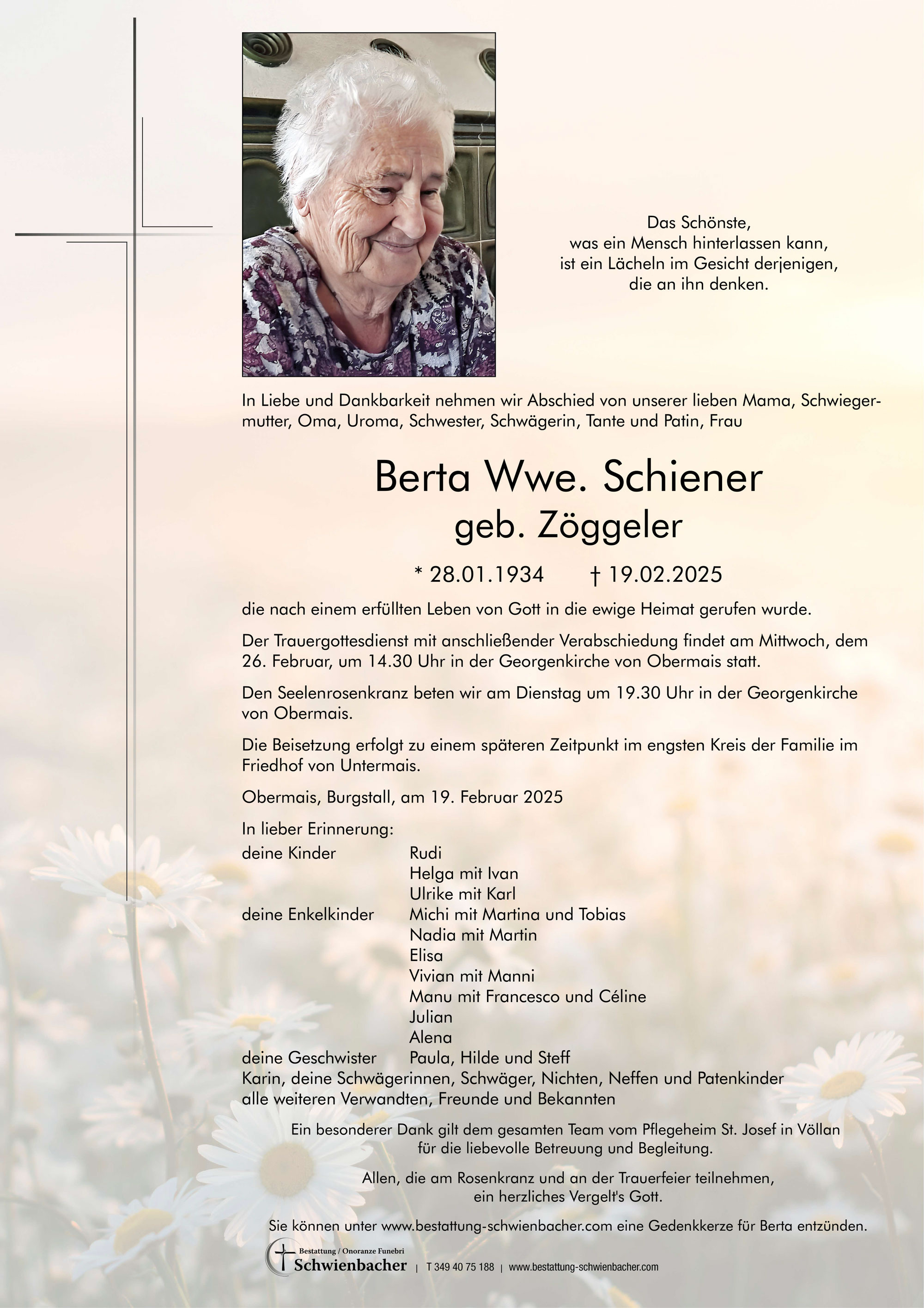 Parte: Berta Wwe. Schiener geb. Zöggeler 