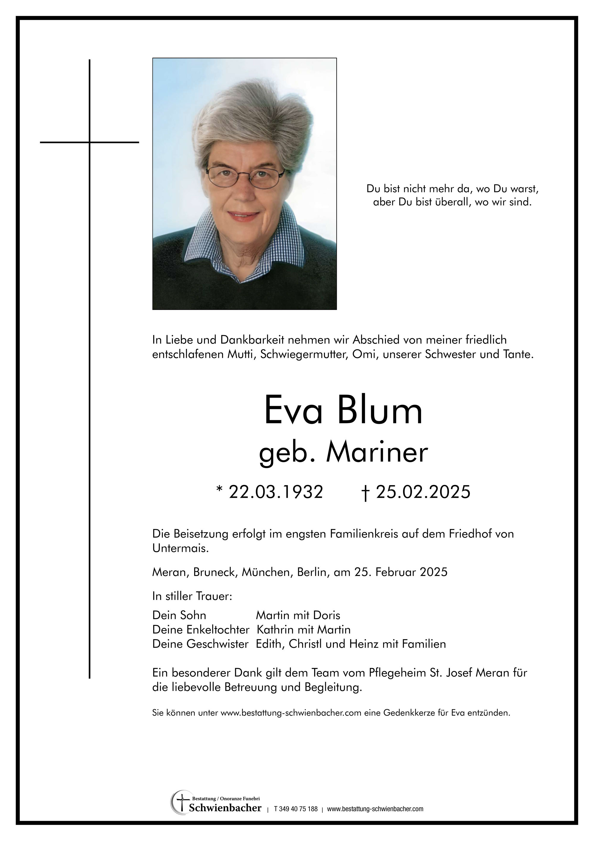 Parte: Eva Wwe. Blum geb. Mariner 