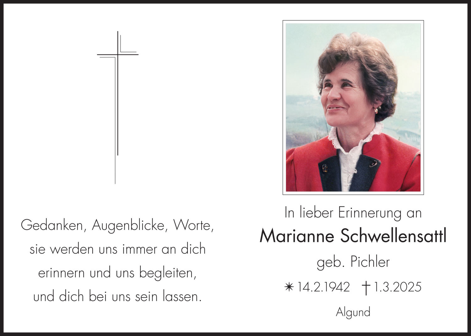 Sterbebild: Marianne Schwellensattl geb. Pichler