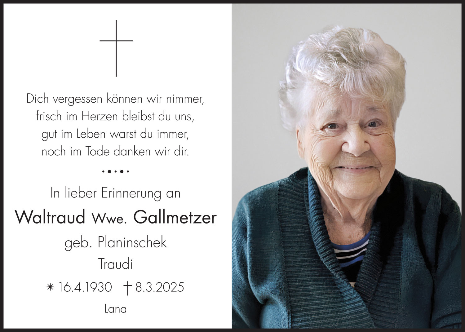 Sterbebild: Waltraud Wwe. Gallmetzer geb. Planinschek