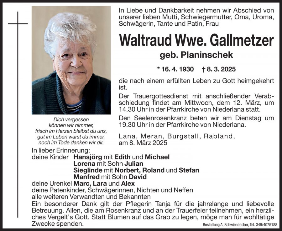 Medien: Waltraud Wwe. Gallmetzer geb. Planinschek