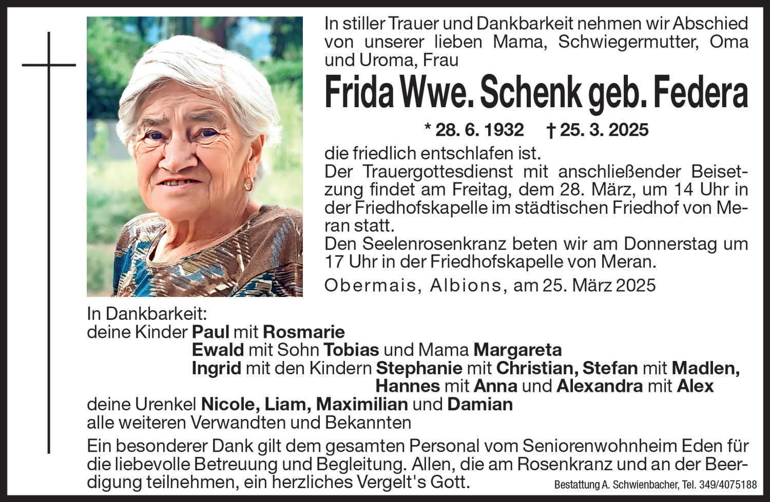 Medien: Frida Wwe. Schenk geb. Federa