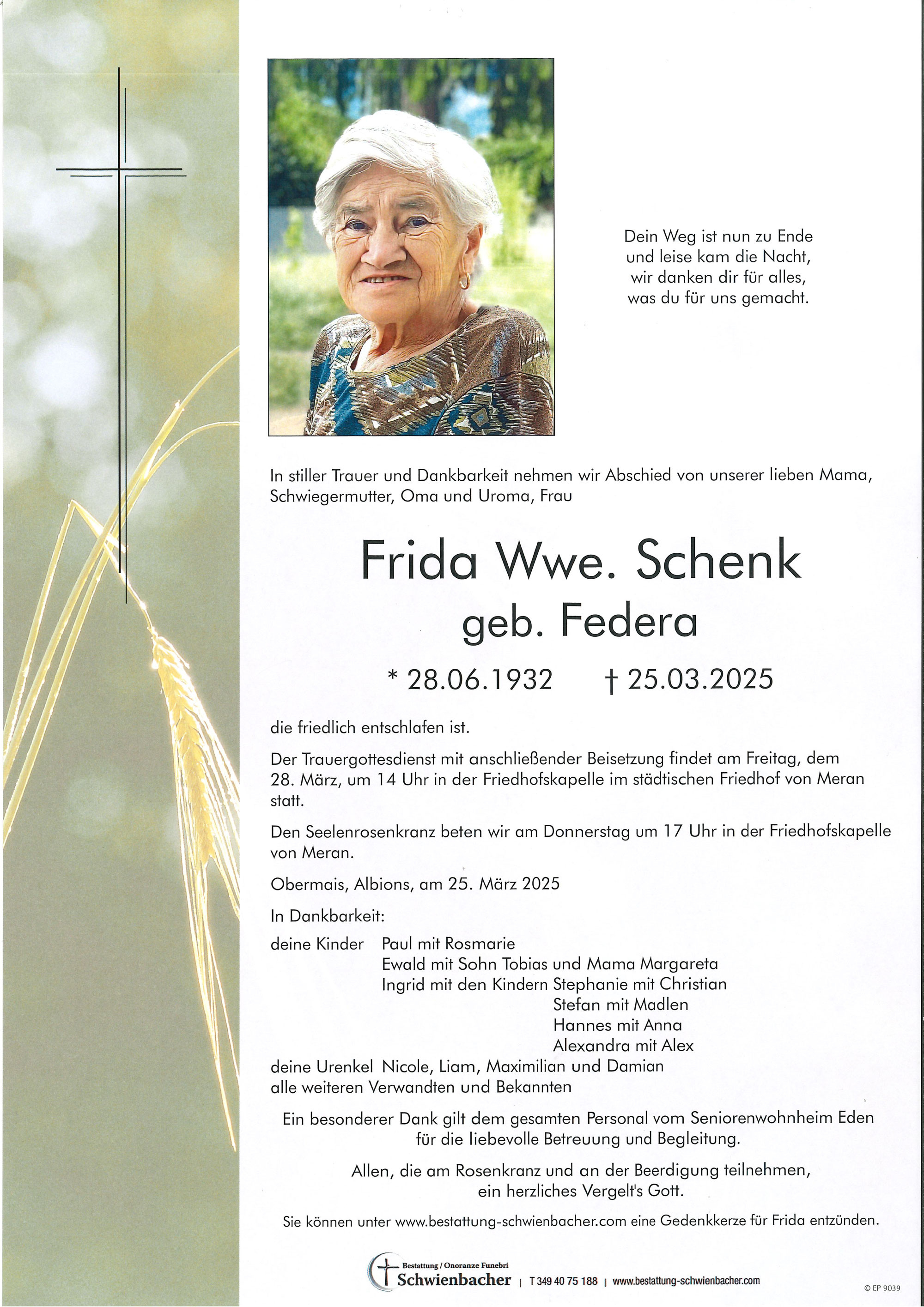 Parte: Frida Wwe. Schenk geb. Federa 