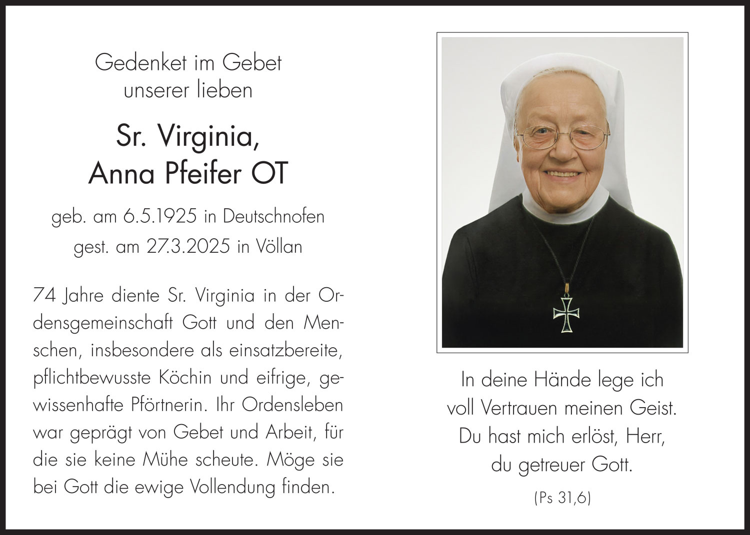 Sterbebild: Sr. Virginia Anna Pfeifer OT