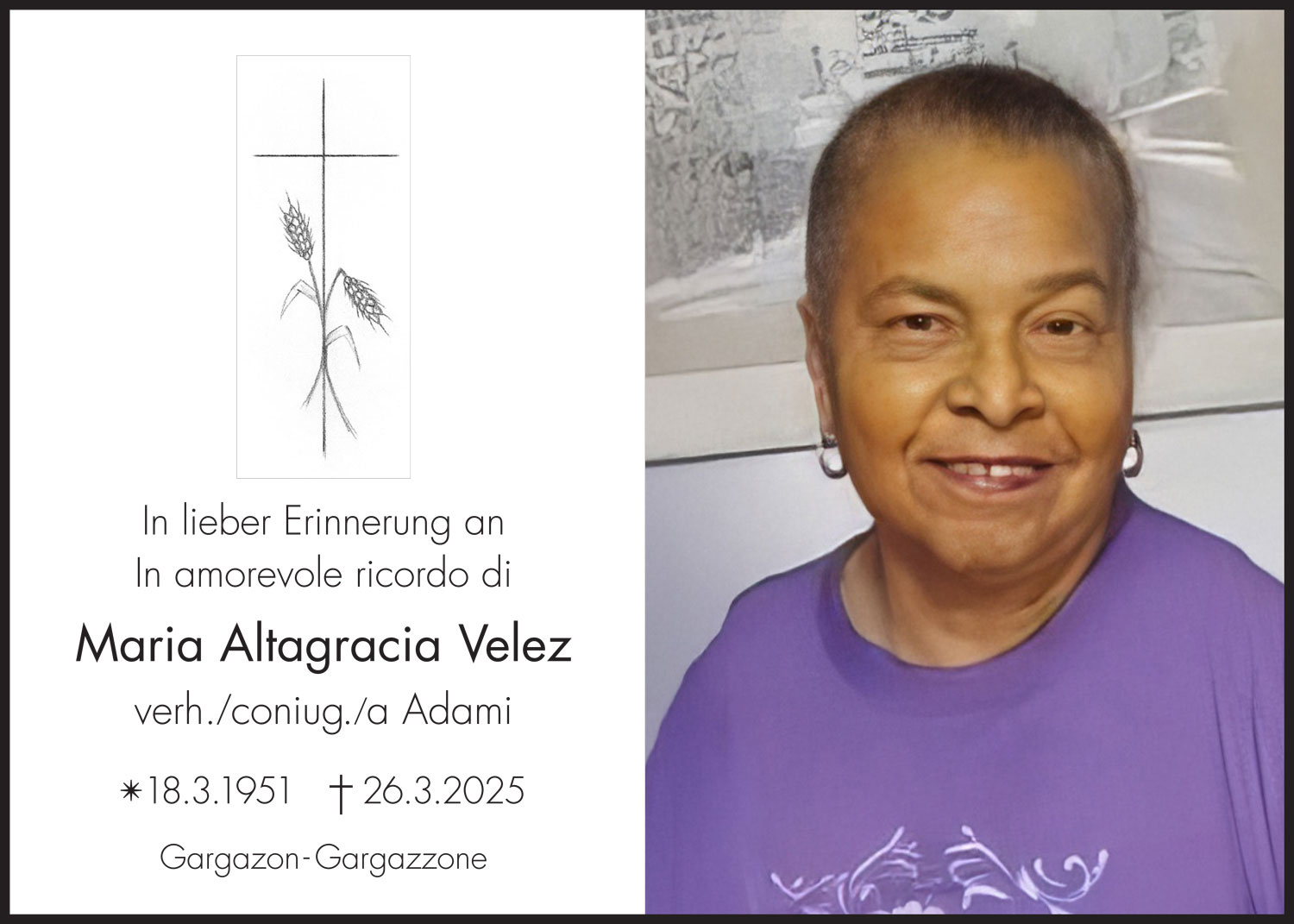 Sterbebild: Maria Altagracia Velez in Adami